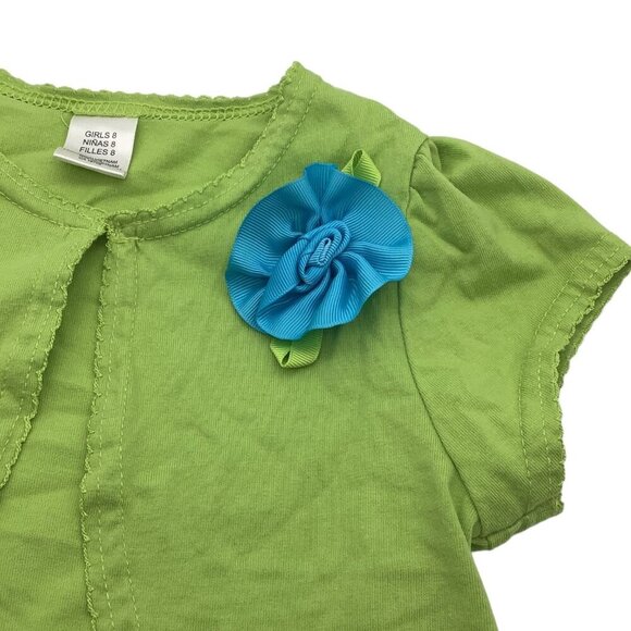 Girls Green Short Sleeve Button Shrug With Blue Flower Accent Top Size 8 Cotton - Picture 9 of 9
